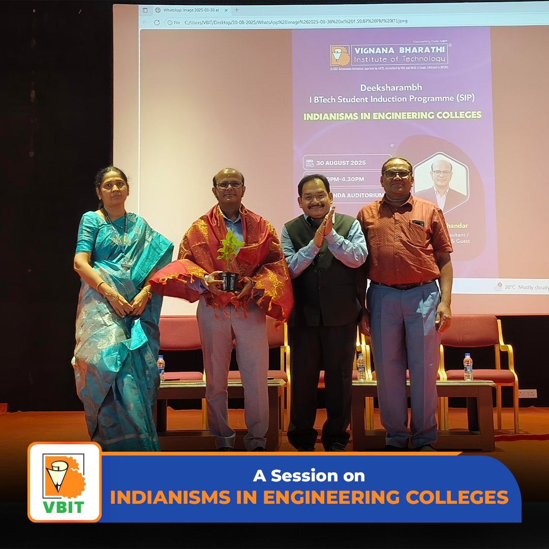 VBITHYD's tweet image. 📘Deeksharambh 2025 – Student Induction Programme (SIP)

On 30th August 2025, our I B.Tech students participated in an engaging session on “Indianisms in Engineering Colleges” led by Mr. G. Kiran Chandar.

#Deeksharambh2025 #VBIT #StudentInductionProgramme