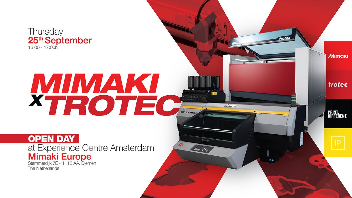 ✨ Discover the power of UV printing + laser cutting! ✨
Join us on Sept 25 at Mimaki Europe, Amsterdam 🇳🇱 for live demos of the Mimaki UJF-6042MKIIe &amp; Trotec Speedy 400. 🚀
Experts will be on hand to answer your questions &amp; share tailored advice.

eu1.hubs.ly/H0mDHMy0