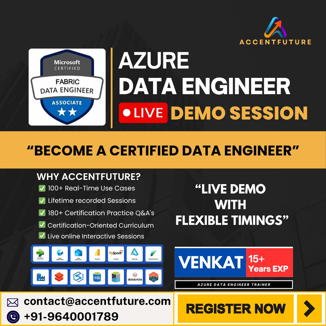 AccentFuture's tweet photo. FREE Databricks Demo Session – Unlock Your Data Career!

✅ 24/7 Doubt-Solving Support
✅ Real-World Examples &amp; 100+ Use Cases
✅ Job Assistance &amp; Career Guidance
✅ Learn from Industry Experts
https://t.co/9kfGNNDUnT
📧 Register Now: contact@accentfuture.com
📞 +91-96400 01789 https://t.co/yi9QdkLZyt