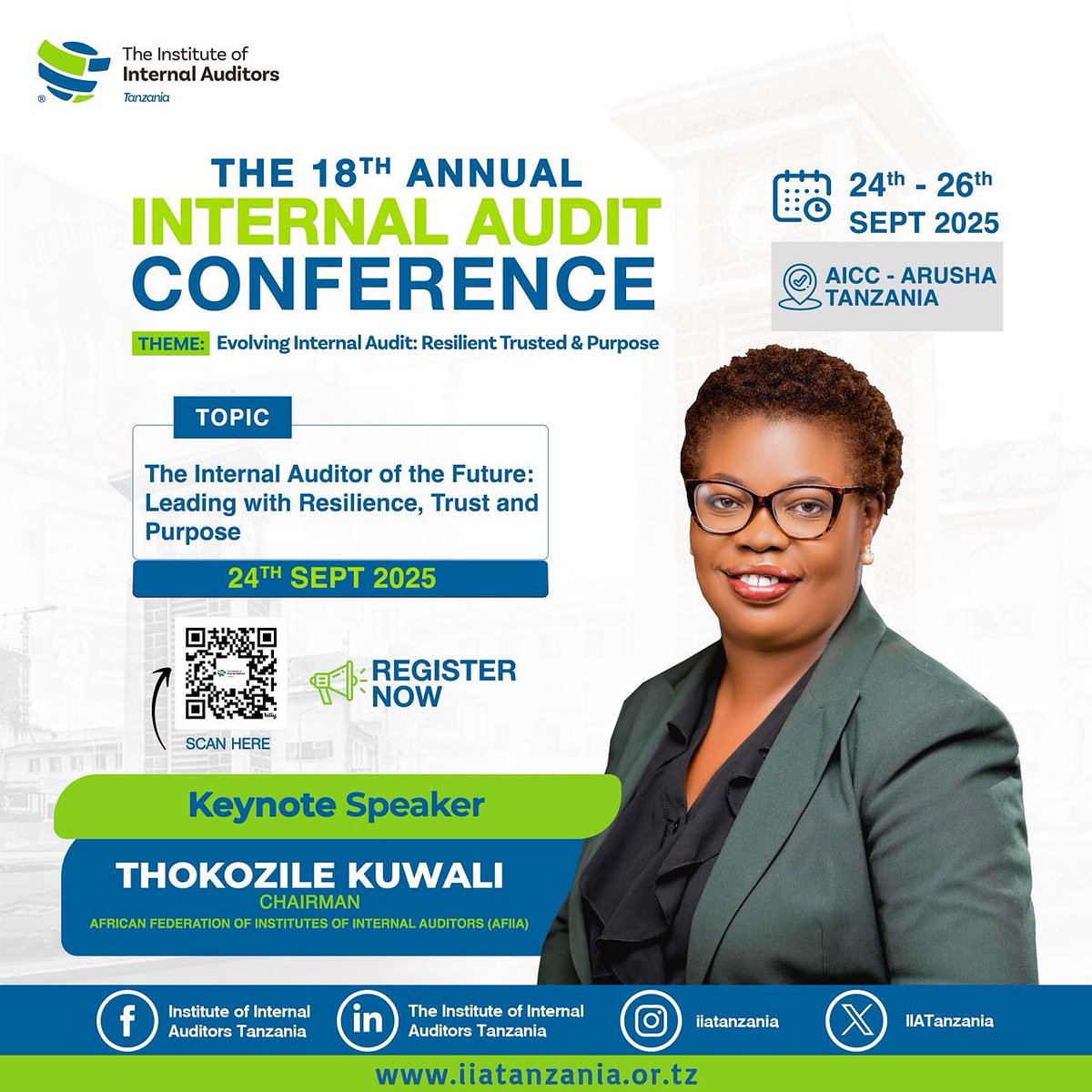 📊 Internal audit is evolving. Are you ready?

We are delighted to welcome Thokozile Kuwali, AFIIA Chairman, to the 18th Annual Internal Audit Conference as she delivers her keynote: The Internal Auditor of the Future: Leading with Resilience, Trust, and Purpose.
📅 24th Sept