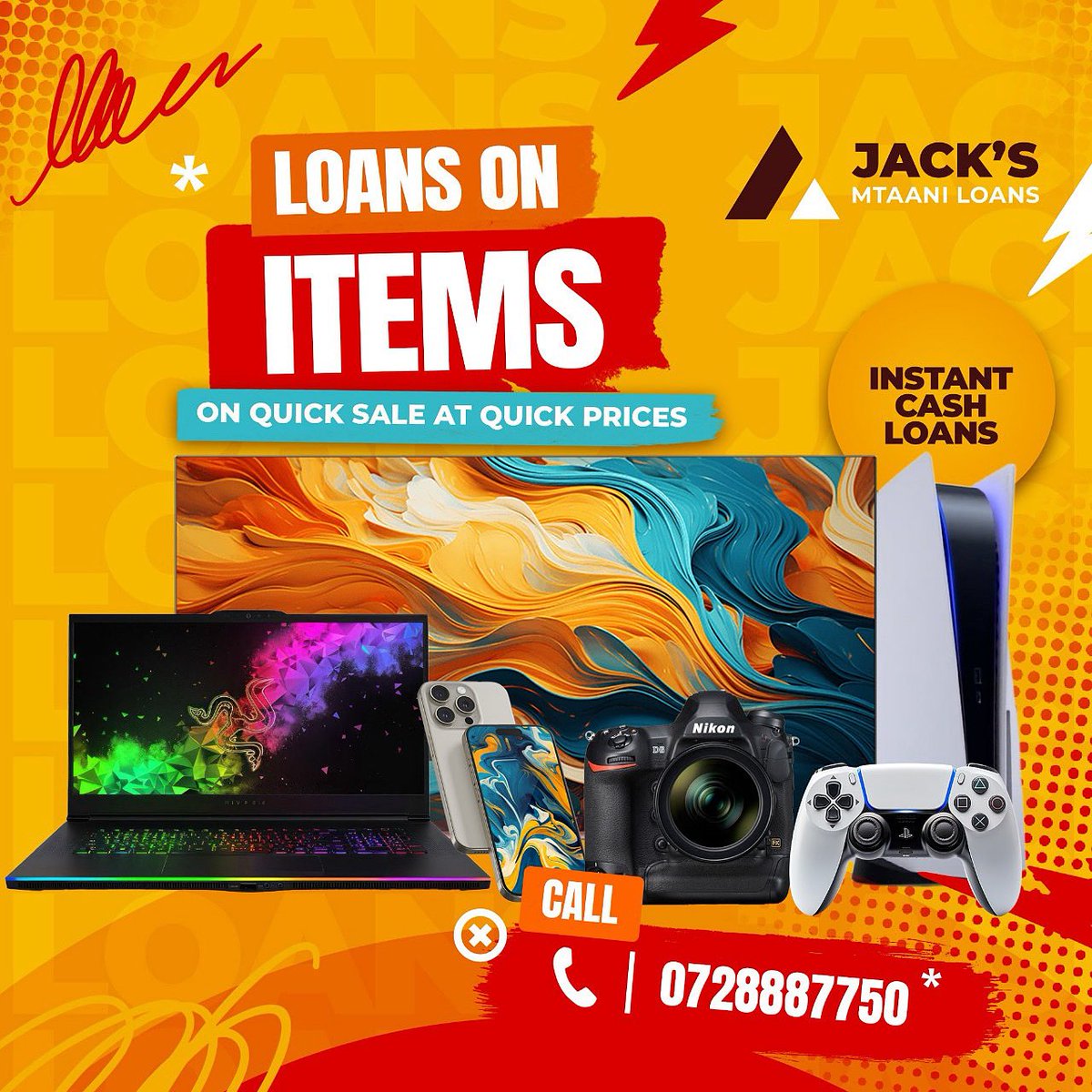 Hi,You can get Quick Instant Cash Loans on your Household Electronics,Tv Screens,Home theaters,Laptops,iPhones and all Apple accessories.Send photos of the Electronic on WhatsApp 0728887750.
