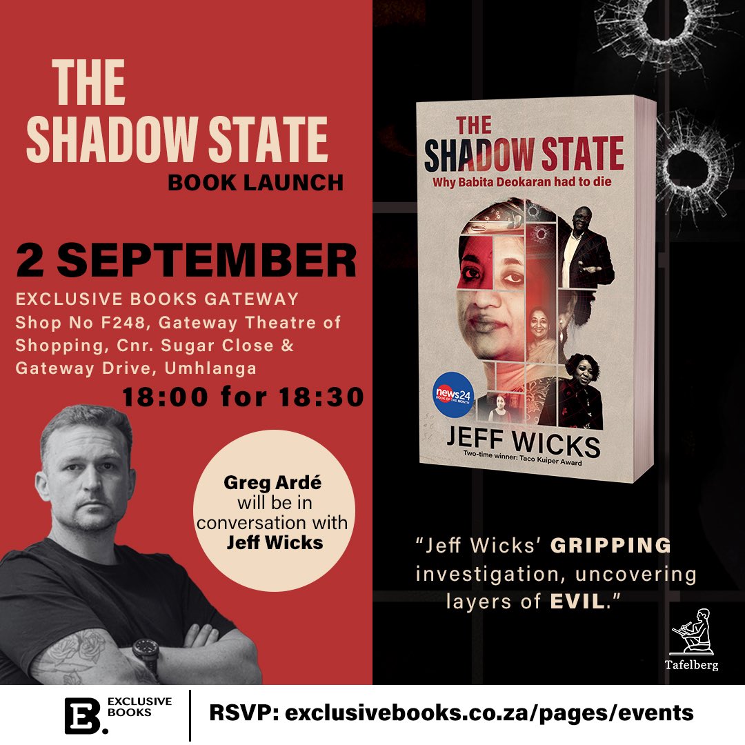 wicks_jeff's tweet image. I’m excited to bring The Shadow State to Durban, and tomorrow night I will be in conversation with @Gregarde at @ExclusiveBooks in Gateway.
