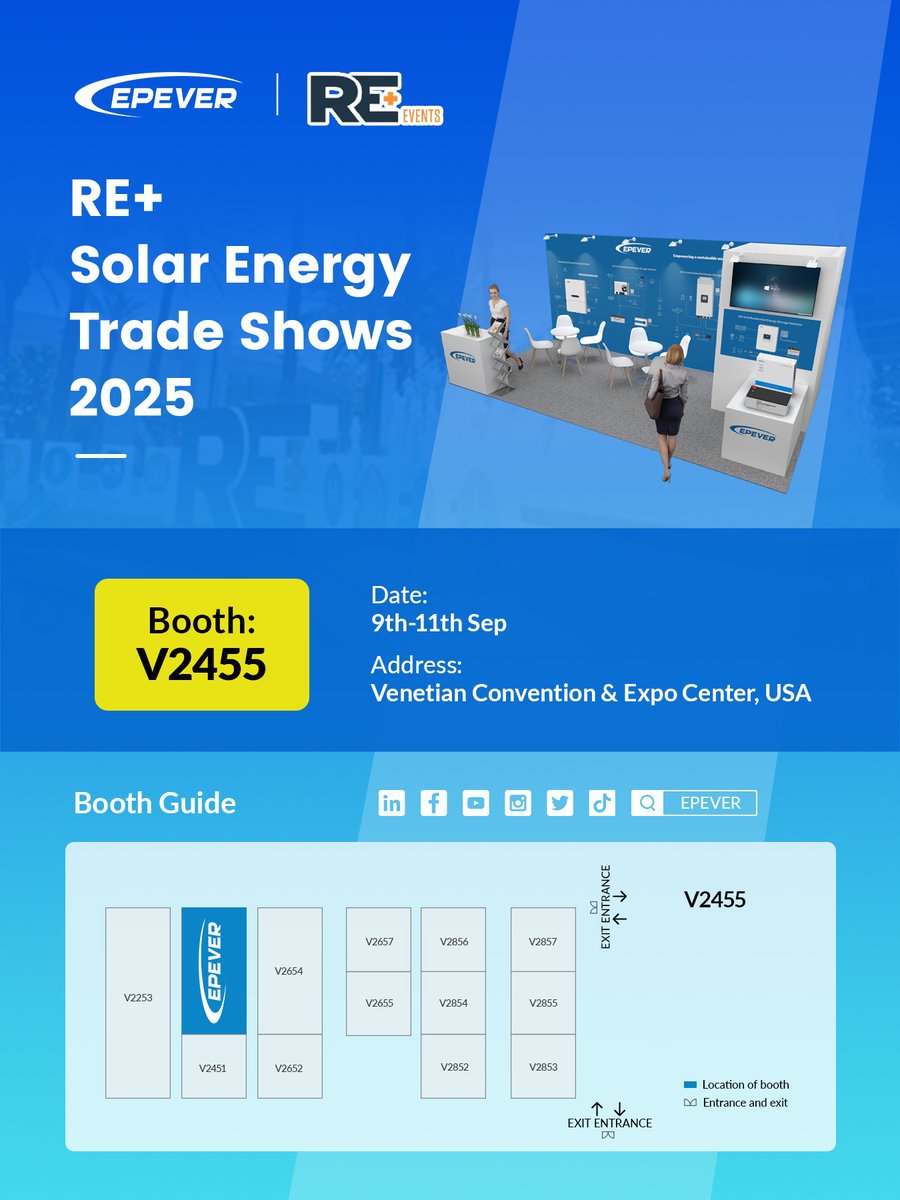 🌞 We’re headed to RE+ 2025 in Las Vegas! <a href="/REPlusEvents/">RE+ Events</a> 

Catch us at Booth V2455 from Sept 9–11 at the Venetian Expo — showcasing smarter solar:
✔️ Hybrid inverters
✔️ Storage systems
✔️ MPPT controllers
✔️ Remote energy management
#REPlus2025 #EPEVER #SolarPower