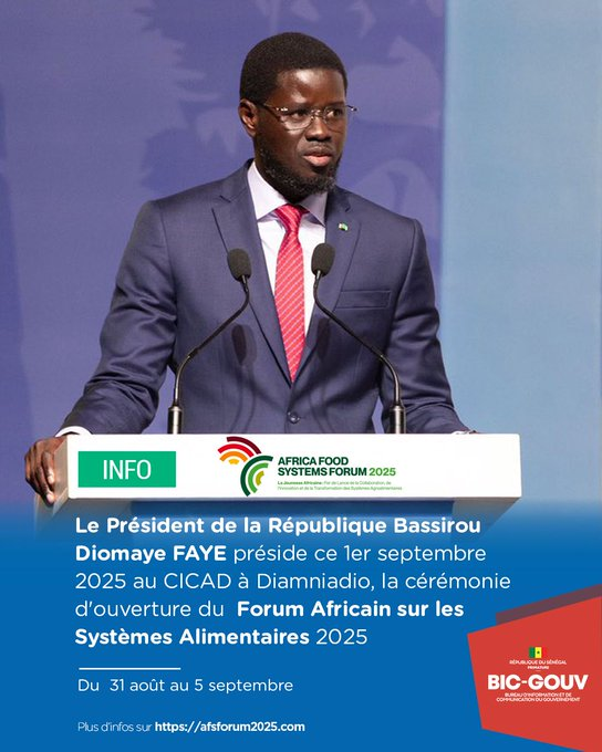 Le Forum Africain sur les Systèmes Alimentaires se tient à Dakar du 31 août au 5 septembre 2025. Le Président de la République <a href="/PR_Diomaye/">Bassirou Diomaye Faye</a> préside ce lundi 1er septembre au CICAD à Diamniadio, la cérémonie d'ouverture du AFSForum2025.