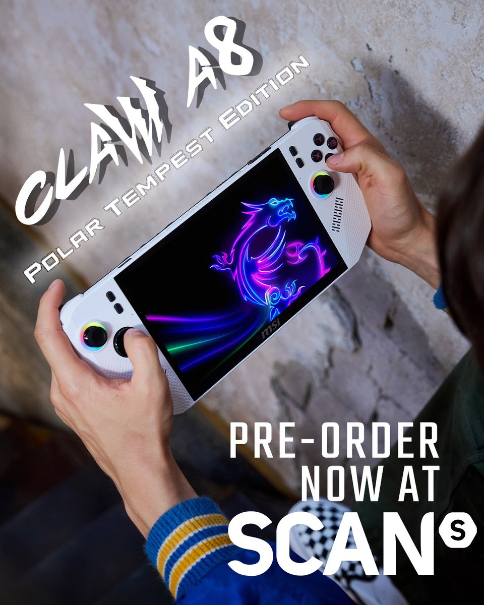 MSI__UK's tweet image. The #ClawA8. Available in #PolarTempest❄️

First we showed you Neon Green. Now it’s time to unleash the frost. 
Whichever colour you choose, get the same next-gen power: AMD Ryzen Z2 Extreme, 80Whr battery and 120Hz display.

Pre-order at @Scancomputers 👉 msi.gm/Claw-A8-Polar-…