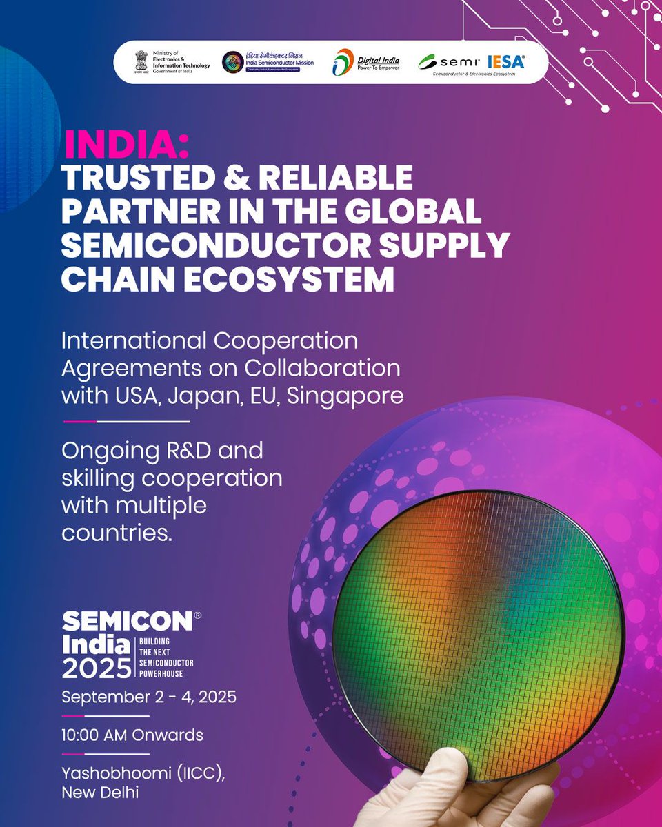 GoI_MeitY's tweet image. With global collaborations and strong R&amp;amp;D &amp;amp; skilling partnerships, India is emerging as a trusted &amp;amp; reliable partner in the global semiconductor supply chain ecosystem.

#IndiaTechade  #DigitalIndia #MakeInIndia  @SemiconIndia