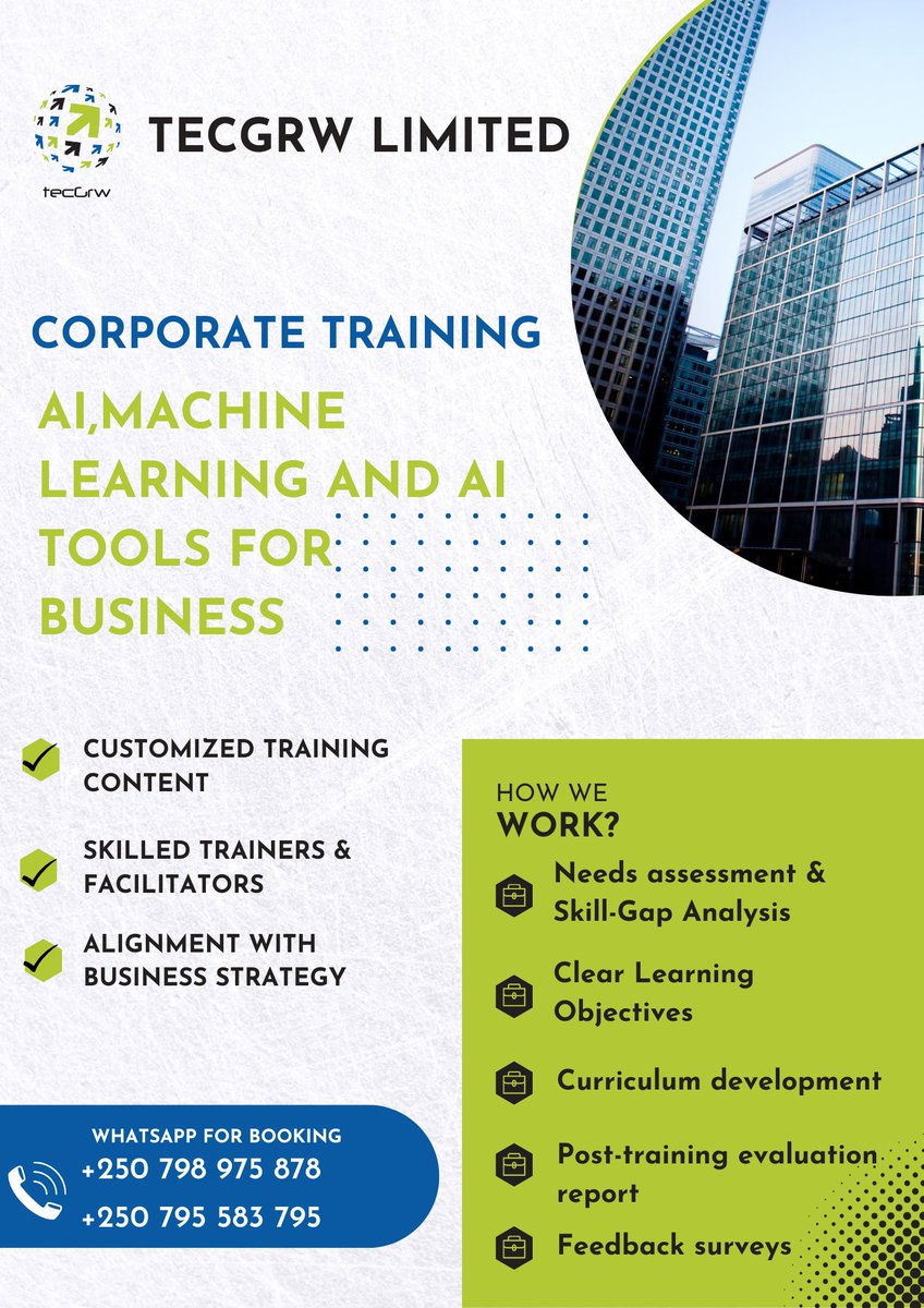 Boost your business with AI
tecGrw is now offering corporate training in AI, ML &amp; business tools—tailored to your needs!
✅ Customized content
✅ Expert trainers
✅ Aligned with strategy
For more info DM or Call +250 798975878 | 7985583795 
#AI #BusinessGrowth #CorporateTraining