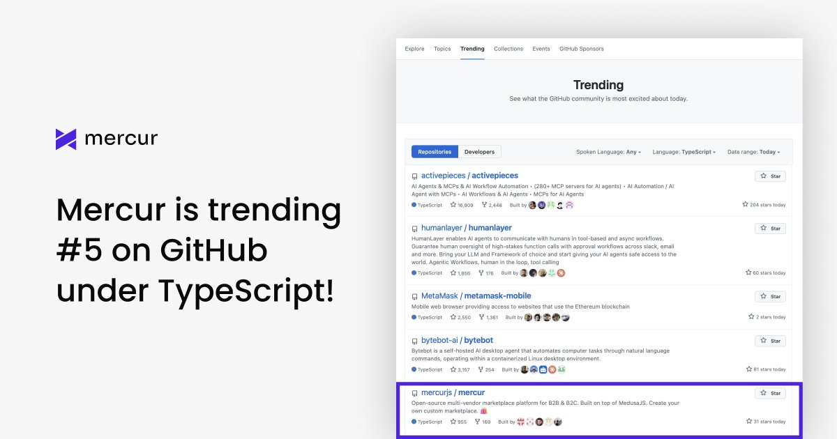 Mercurjs's tweet image. Mercur is trending #5 on GitHub under #TypeScript today!

This is an important step toward making Mercur the top choice for enterprise marketplaces.

Try Mercur out → github.com/mercurjs/mercur