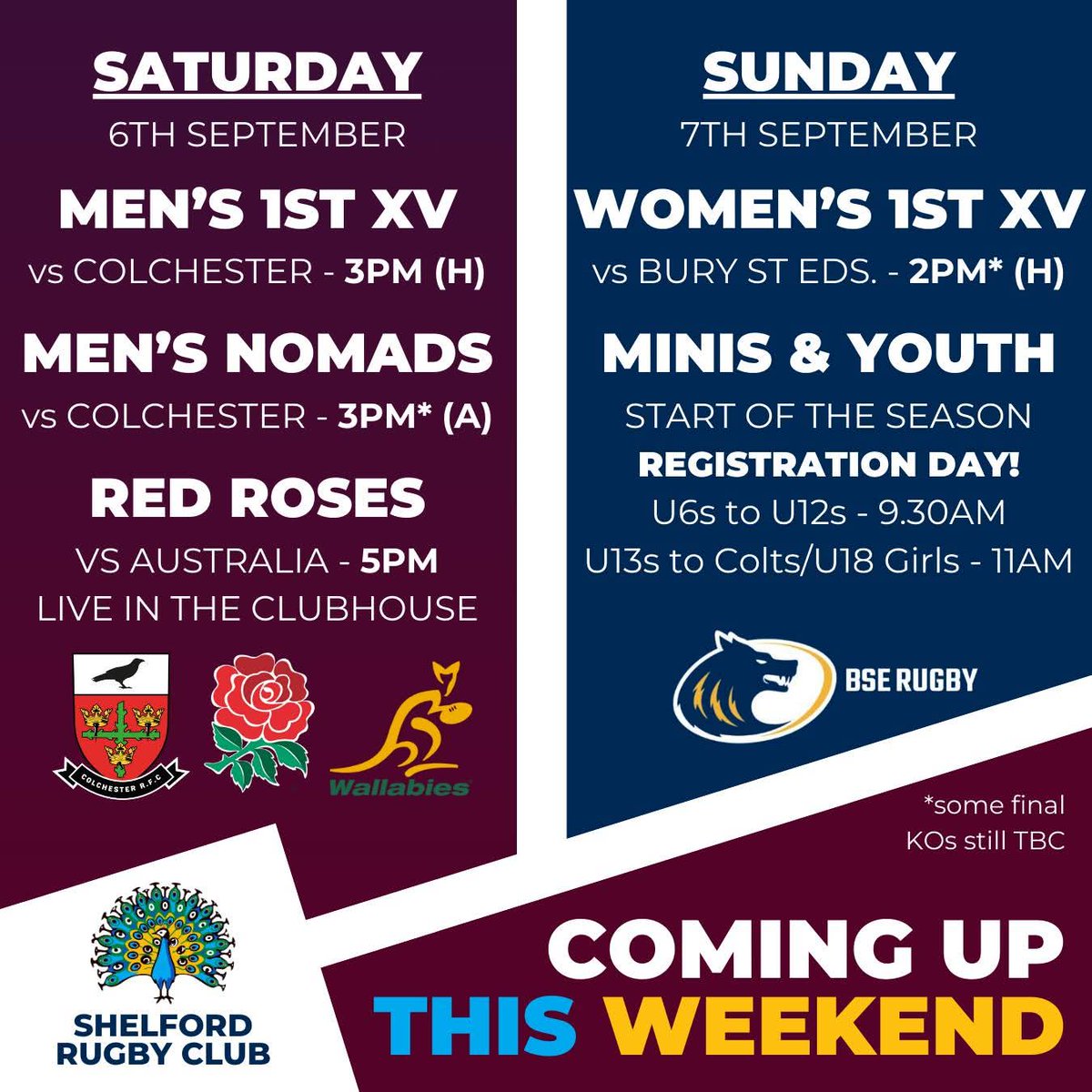 🌟 Big weekend at the Peacock HQ! 🌟

Sat 6th Sept
🏉 1st XV home v Colchester (3pm)
🏉 Nomads away v Colchester
📺 Red Roses v Australia in the clubhouse after!

Sun 7th Sept
🦚 450+ Minis &amp; Youth start their season
🏉 Women v Bury St Edmunds (2pm KO)

#Peacocks #RugbyFamily