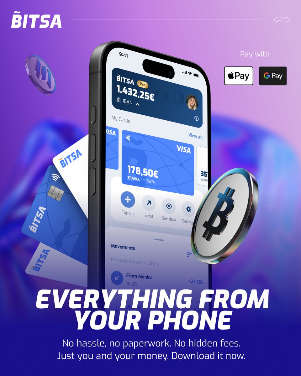 Bitsa_card's tweet image. 💳 Top up with crypto. Pay everywhere Visa is accepted.
⚡ Instant reloads
🎛️ Prepaid control
🍿 Subscriptions made simple
💳 Online & in-store payments
🌍 Everyday use: food, travel, shopping
#Bitsa #TopUpWithCrypto #SpendCrypto #VisaPrepaid #CryptoLife