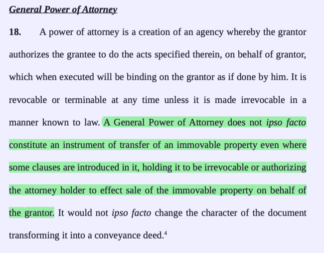 #SupremeCourt reiterates that a General Power of Attorney does not become an instrument of transfer of an immovable property even when it is irrevocable or authorizes the attorney holder to effect sale of the immovable property on behalf of the grantor.