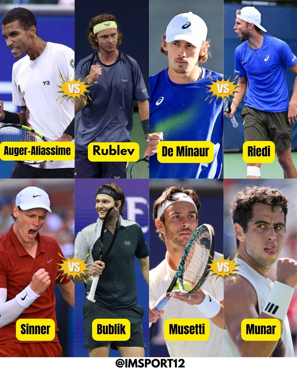 Men's Singles Round 4 matches- 1 Sept #USOpen

Louis Armstrong Stadium

Leandro Riedi v Alex De Minaur, Est 11 AM

Lorenzo Musetti v Jaume Munar, Est 230 PM

Arthur Ashe Stadium

F Auger-Aliassime v Andrey Rublev (1130 AM)

Jannik Sinner v Alexander Bublik ( 7 PM)

#USOpen2025