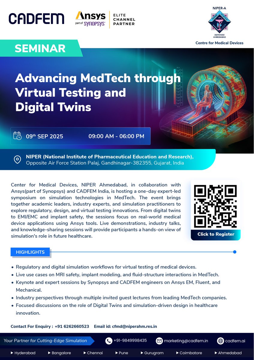 The Centre for Medical Devices (CMD), NIPER-A, is organizing a Day Seminar on Advancing MedTech through Virtual Testing and Digital Twins on September 9, 2025.  

#Seminar, #MedicalDevice, #Ansys, #Simulation, #CADFEM, #FEA, #MedTech, #VirtualTesting