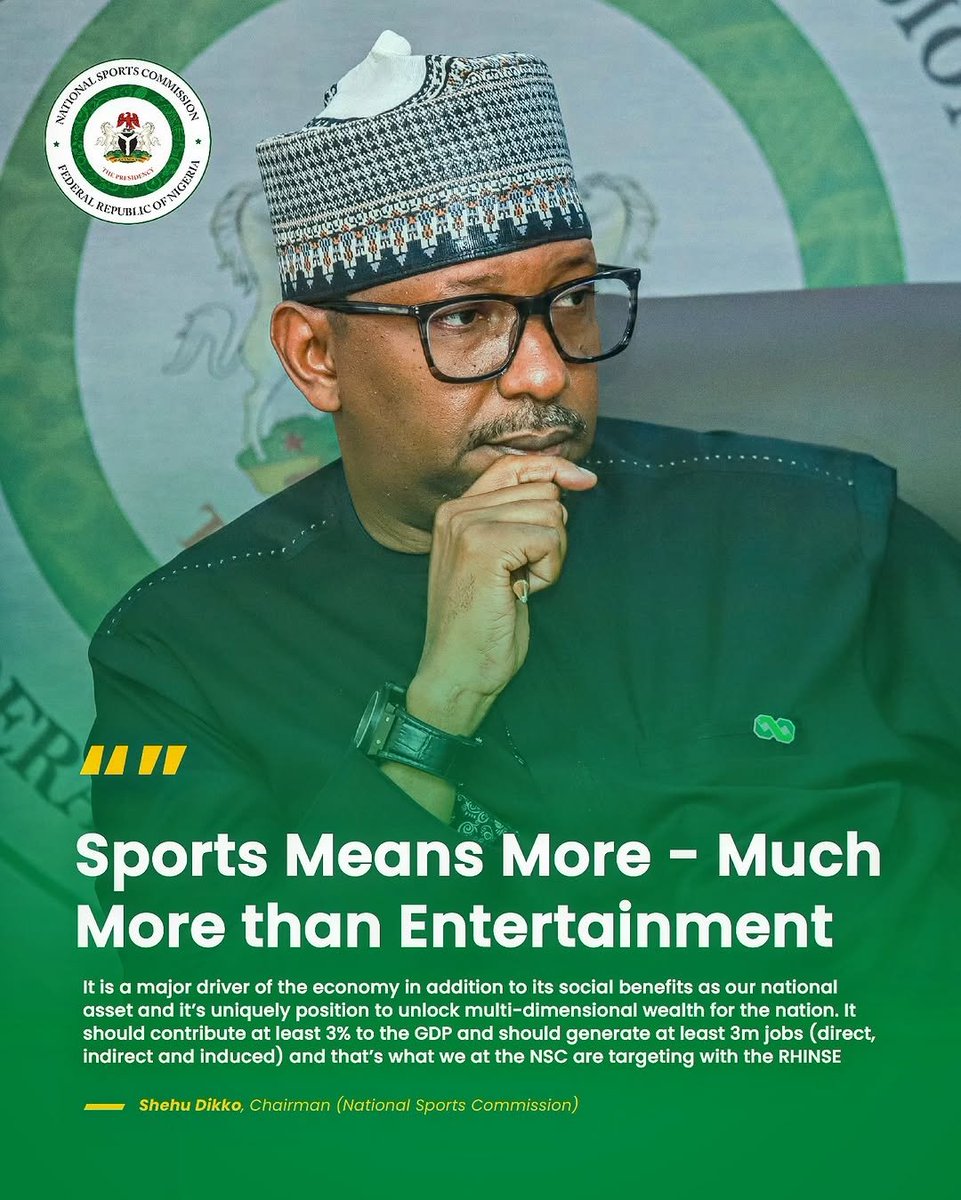 National Sports Commission (@natsportscomm) on Twitter photo π£οΈ NSC Chairman Shehu Dikko once again reiterated his vision for Nigerian Sports during βAn Evening with <a href="/ShehuDikko/">Shehu Dikko</a>.β
Through RHINSE, the target is bold:
β¬οΈ 3% GDP contribution
β¬οΈ 3 million jobs (direct, indirect and Induced)
β¬οΈ Foreign Exchange earning and FDI
β¬οΈ Achieve 5% of π£οΈ NSC Chairman Shehu Dikko once again reiterated his vision for Nigerian Sports during βAn Evening with <a href="/ShehuDikko/">Shehu Dikko</a>.β
Through RHINSE, the target is bold:
β¬οΈ 3% GDP contribution
β¬οΈ 3 million jobs (direct, indirect and Induced)
β¬οΈ Foreign Exchange earning and FDI
β¬οΈ Achieve 5% of