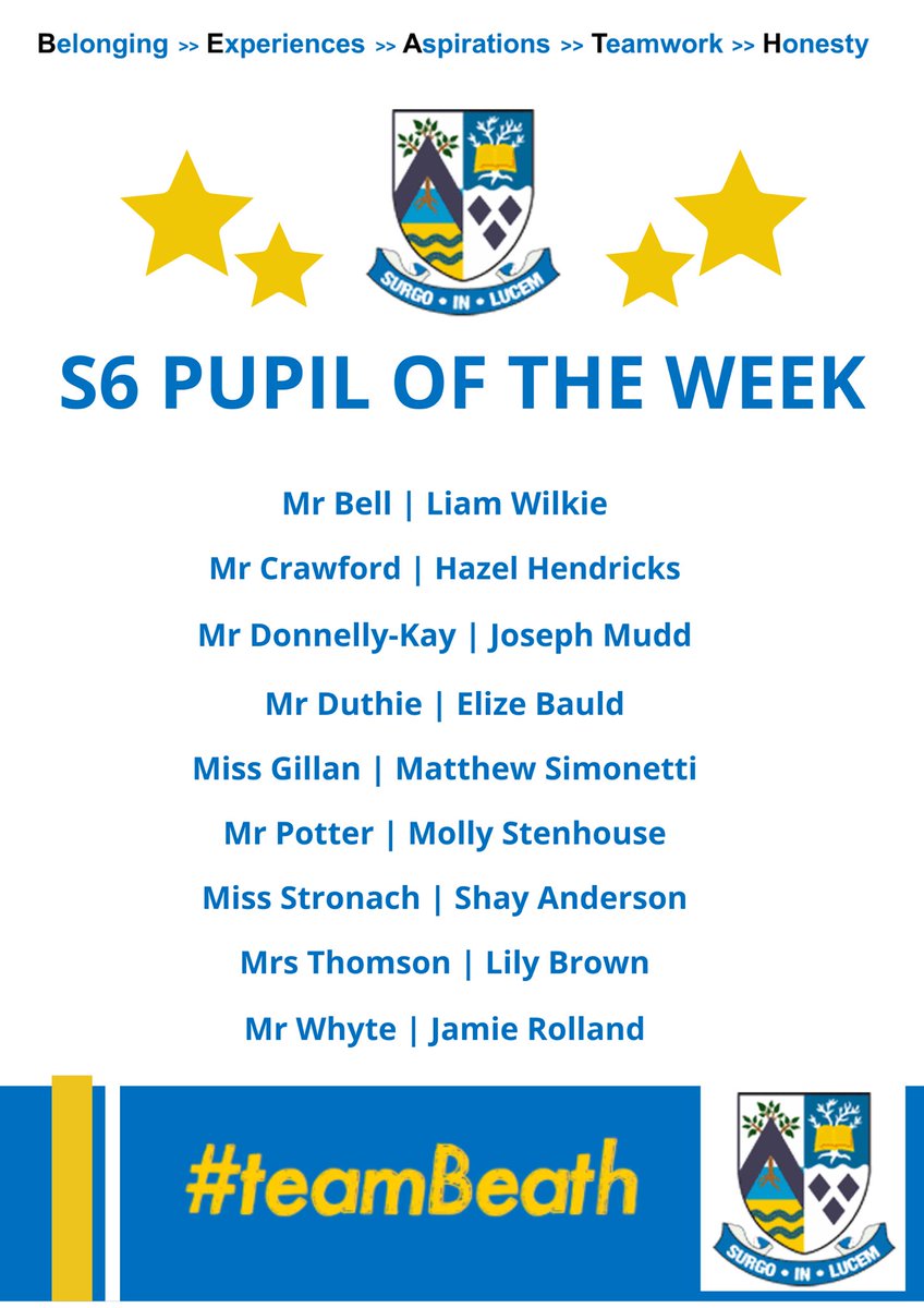 #teamBeath💙 (@teambeathhwb) on Twitter photo 🌟 SENIOR PUPILS
OF THE WEEK🌟 
Well done to our seniors🏆 Fantastic commitment, teamwork and leadership shown in lessons — a brilliant example to others. 👏 🌟 SENIOR PUPILS
OF THE WEEK🌟 
Well done to our seniors🏆 Fantastic commitment, teamwork and leadership shown in lessons — a brilliant example to others. 👏