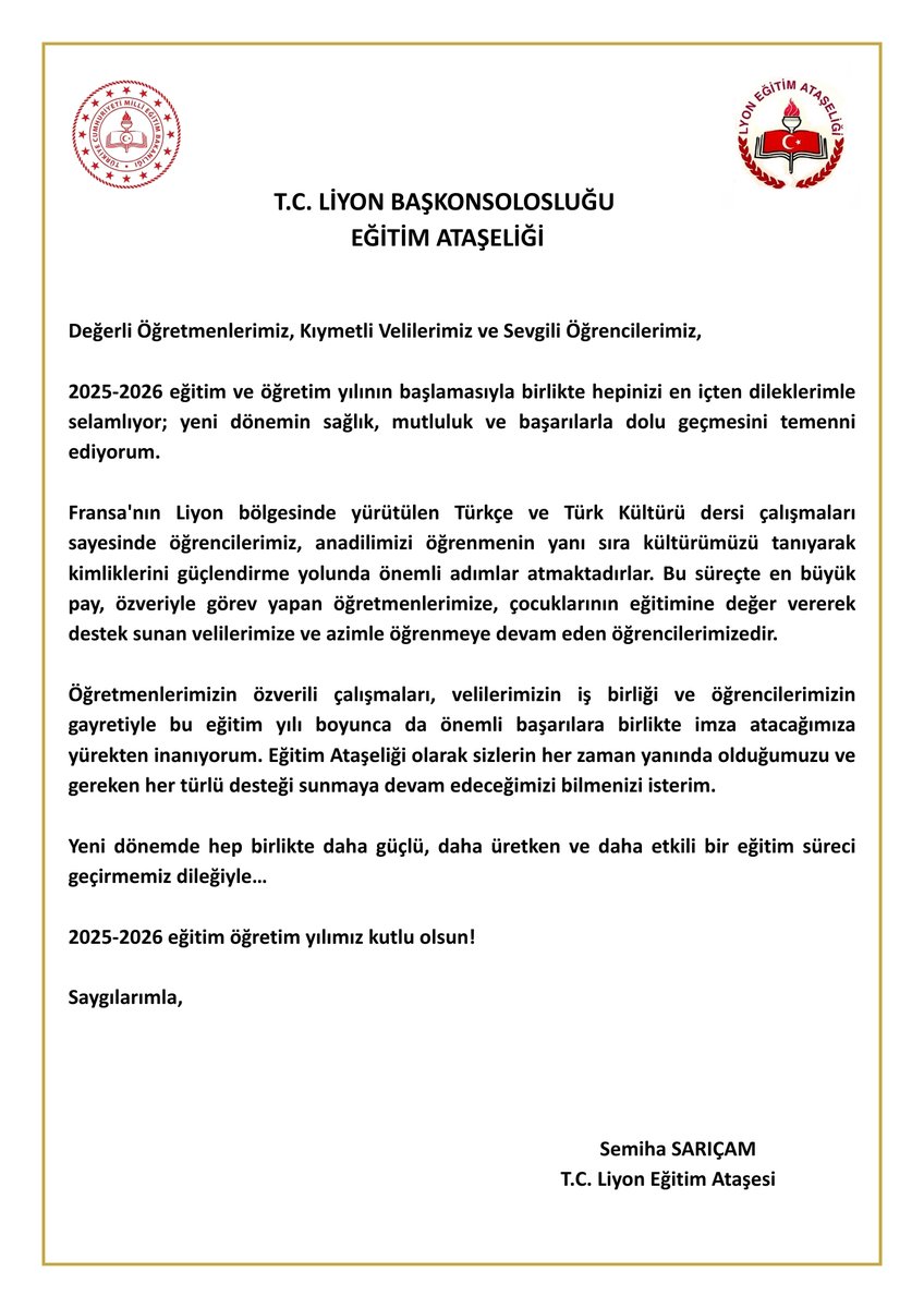 LyonMebEA's tweet photo. 📌 2025-2026 Eğitim ve Öğretim Yılının, tüm öğretmenlerimize, öğrencilerimize ve velilerimize sağlık, başarı ve mutluluk getirmesini temenni ederiz.

👉lyon@meb.gov.tr

@mebabdigm @mebabdigm @tcmeb https://t.co/Ru9jalPckm