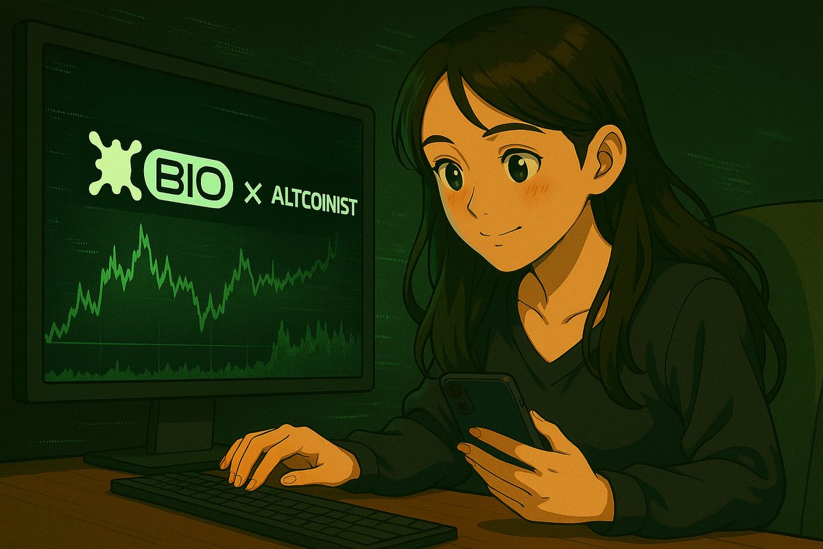 컴퓨터와 휴대폰으로 Bio x Altcoinist 거래를 하는 트레이더 일러스트