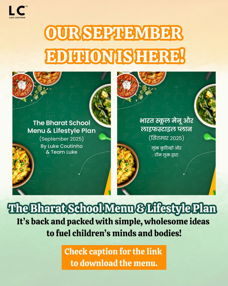 LukeCoutinho17's tweet photo. 👉 Click here to download the September menu: https://t.co/bTIV7tiqRt

He asked, and we are delivering. Inspired by our honourable Prime Minister Shri Narendra Modi Ji’s vision for: 🇮🇳 Made in India. Heal in India.

📃 Plan Your Child’s Day the Smart Way

Five months ago, we planted a seed, a healthier, stronger Bharat, starting one meal at a time. 🌱

This September, our vision grows bigger with a menu designed not just to feed, but to educate, energize, and empower children. 💛

🥗 From Breakfast to Dinner: Every meal is thoughtfully planned

🍳 Veg & Non-Veg Choices: For every palate
🧘‍♀️ Stress-Free & Repeatable: Easy 4-week format for schools & families
💡 Lifestyle Tips Included: Simple habits to boost focus, energy & immunity

💚 Why Everyone Loves It

✨ Science + Tradition: Rooted in Indian wisdom & modern nutrition
👦 Kids Love It: Fun, tasty & satisfying
👩‍👧 Parents Trust It: No preservatives, no shortcuts
🌱 Builds Habits: Encourages healthier choices naturally

🌍 Who Can Use This Plan?

🏫 Principals & Teachers
👨‍🍳 Canteen Coordinators & Staff
👨‍👩‍👧 Parents & Caregivers
🧒 Children & Teens

No prior experience needed, just the desire to start healthier routines. 🎒

📘 Free for Everyone | Available in English & Hindi
Perfect for schools, home lunches & everyday family meals.

👩‍🍳 Cook, Snap & Share your creations.
📸 Tag us: @luke_coutinho & @narendramodi
Hashtag it: #BharatSchoolMenuByLukeCoutinho

👉 Click here to download the September menu: https://t.co/bTIV7tiqRt
#HealthyBharat #OneMealAtATime #ChildNutrition #HealthyKids #StrongerBharat #MadeInIndia #HealInIndia #WholesomeMeals #IndianSuperfoods #FoodAsMedicine #HealthyEatingHabits #SchoolMeals #FamilyHealth #WellnessJourney #NutritionForKids #BalancedMeals #MindfulEating #LukeCoutinho #HolisticHealth
