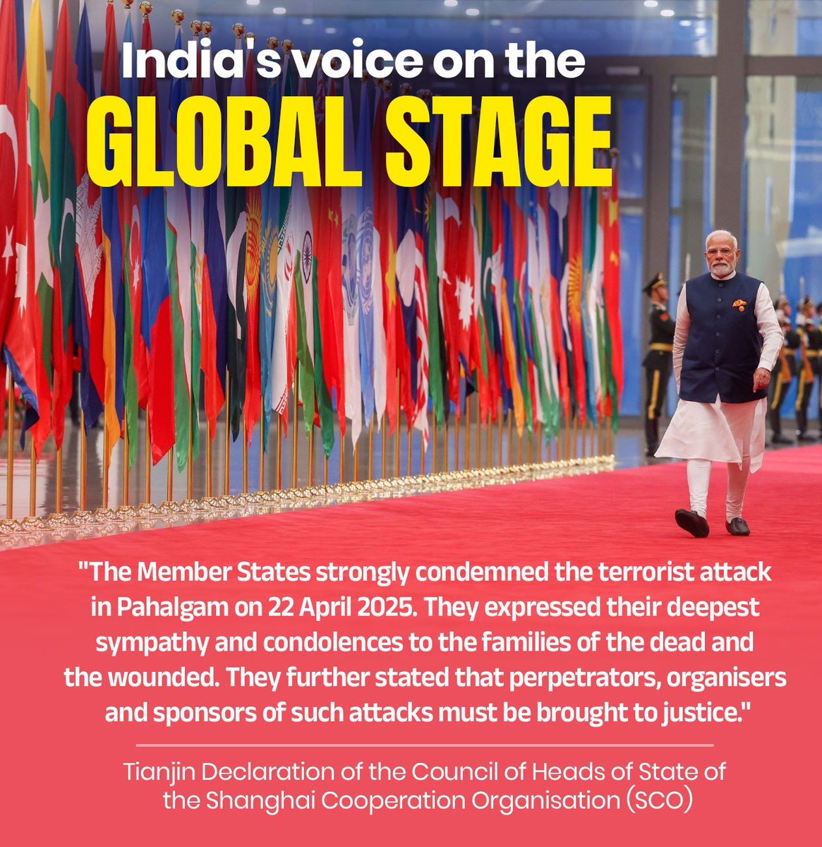 India’s voice echoes across the globe. 🌍🇮🇳 

At the SCO Summit in China, nations joined hands to condemn terrorism in Pahalgam. 

India stands firm: Terror has no place in humanity. ✊