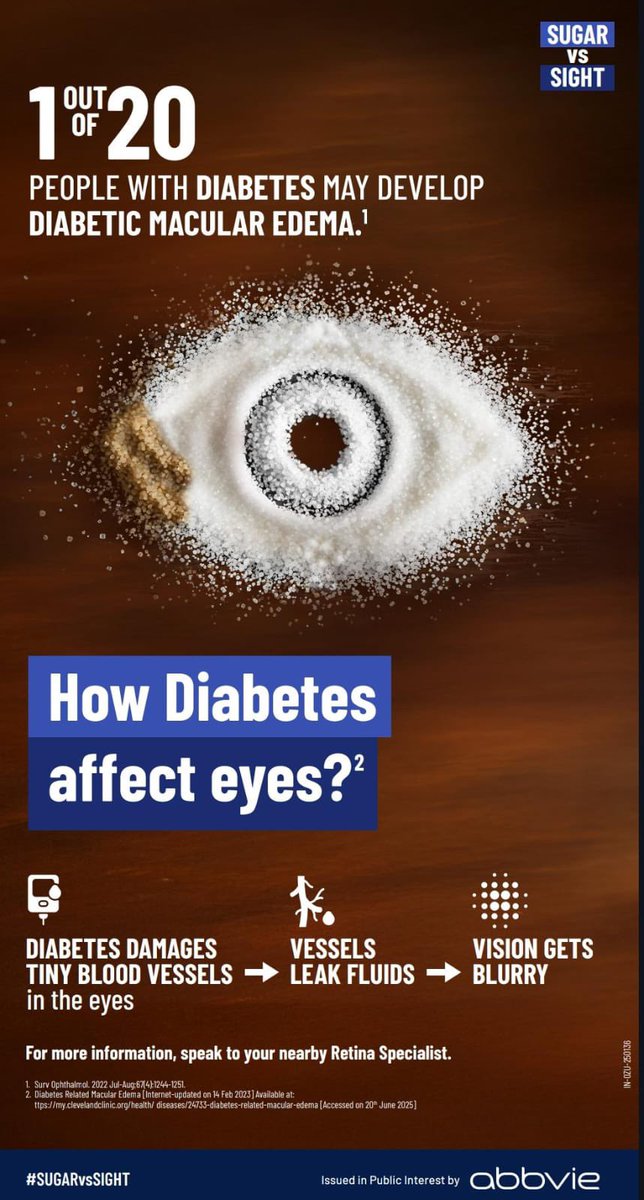 "1 in 20 people with diabetes may lose clear vision to Diabetic Macular Edema. Don’t let sugar steal your sight — regular eye check-ups can protect your vision."
#SugarVsSight 
#WorldRetinaDay