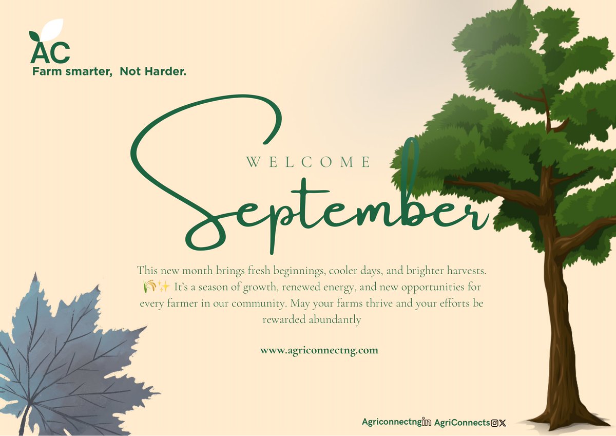 AgriConnects's tweet photo. 🌱✨ Hello September!
A new month of growth, cooler days, and brighter harvests.
May your farms thrive and your efforts yield abundance this season. 💚🌾

#AgriConnect #WelcomeSeptember #FarmSmarter https://t.co/uIKdlbUvKR