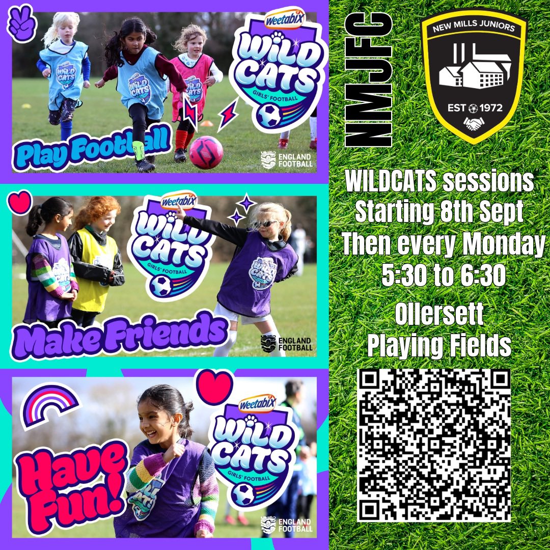 NMJFC are delighted to announce the Wildcats sessions are back from the 8th Sept and will be on every Monday from 5:30 to 6:30. 
These will be held on Ollersett Playing Fields.
If interested, please use the QR code to book on.

⚽️🖤💛⚽️ 
#upthemillers 
#wildcats