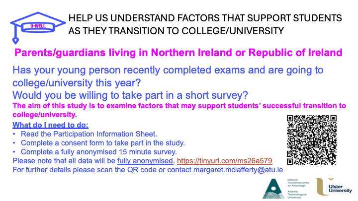 📣 Parents of students starting university this year!
We’re studying the transition from secondary school → university in Ireland (North &amp; South) and how it impacts student mental health &amp; wellbeing.

See flyer, click the link and scroll to bottom 
👉 tinyurl.com/ms26a579