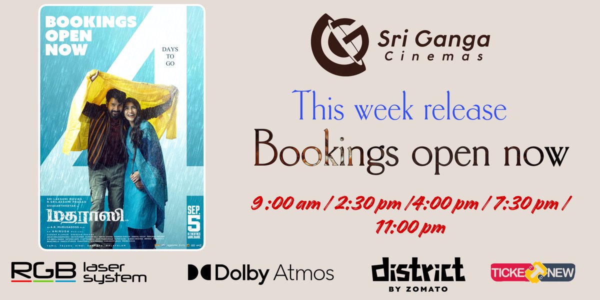 #MadharaasiBookings open now #MadharaasiFromSep5 <a href="/Srigangacinemas/">Sri Ganga Cinemas Barco RGB LASER DOLBY ATMOS</a> <a href="/SriLakshmiMovie/">Sri Lakshmi Movies</a> <a href="/Siva_Kartikeyan/">Sivakarthikeyan</a> <a href="/anirudhofficial/">Anirudh Ravichander</a> <a href="/ARMurugadoss/">A.R.Murugadoss</a> <a href="/rukminitweets/">rukmini</a>