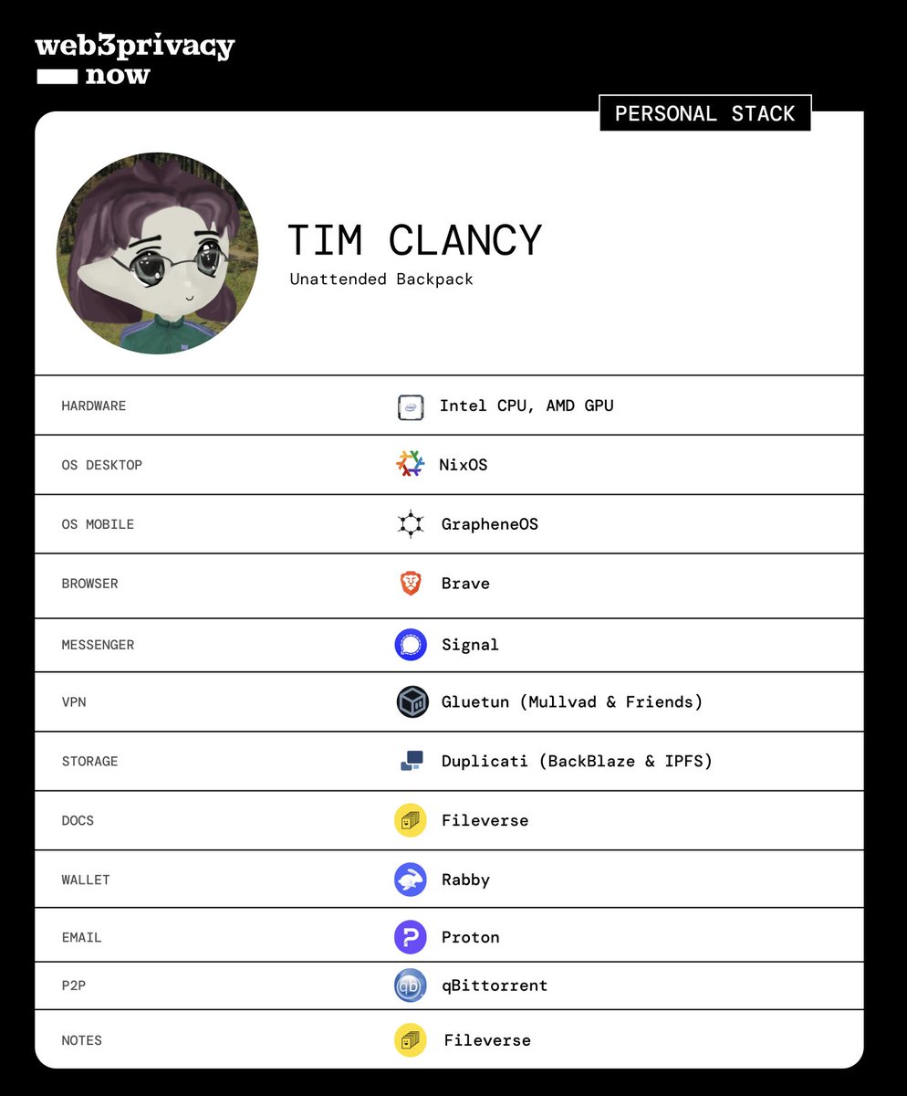 New personal FOSS stack is out x <a href="/_Enoch/">tim-clancy.eth</a> 

Explore tools that can empower your internet life feat <a href="/nixos_org/">NixOS</a>, <a href="/GrapheneOS/">GrapheneOS</a>, <a href="/brave/">Brave</a>, <a href="/signalapp/">Signal</a>, <a href="/fileverse/">Fileverse</a>, <a href="/Rabby_io/">Rabby Wallet</a>, <a href="/qbittorrent/">qBittorrent</a>, <a href="/ProtonPrivacy/">Proton</a>, <a href="/mullvad/">Anna Flimmer</a> &amp; others.

Dive deeper: stacks.web3privacy.info
