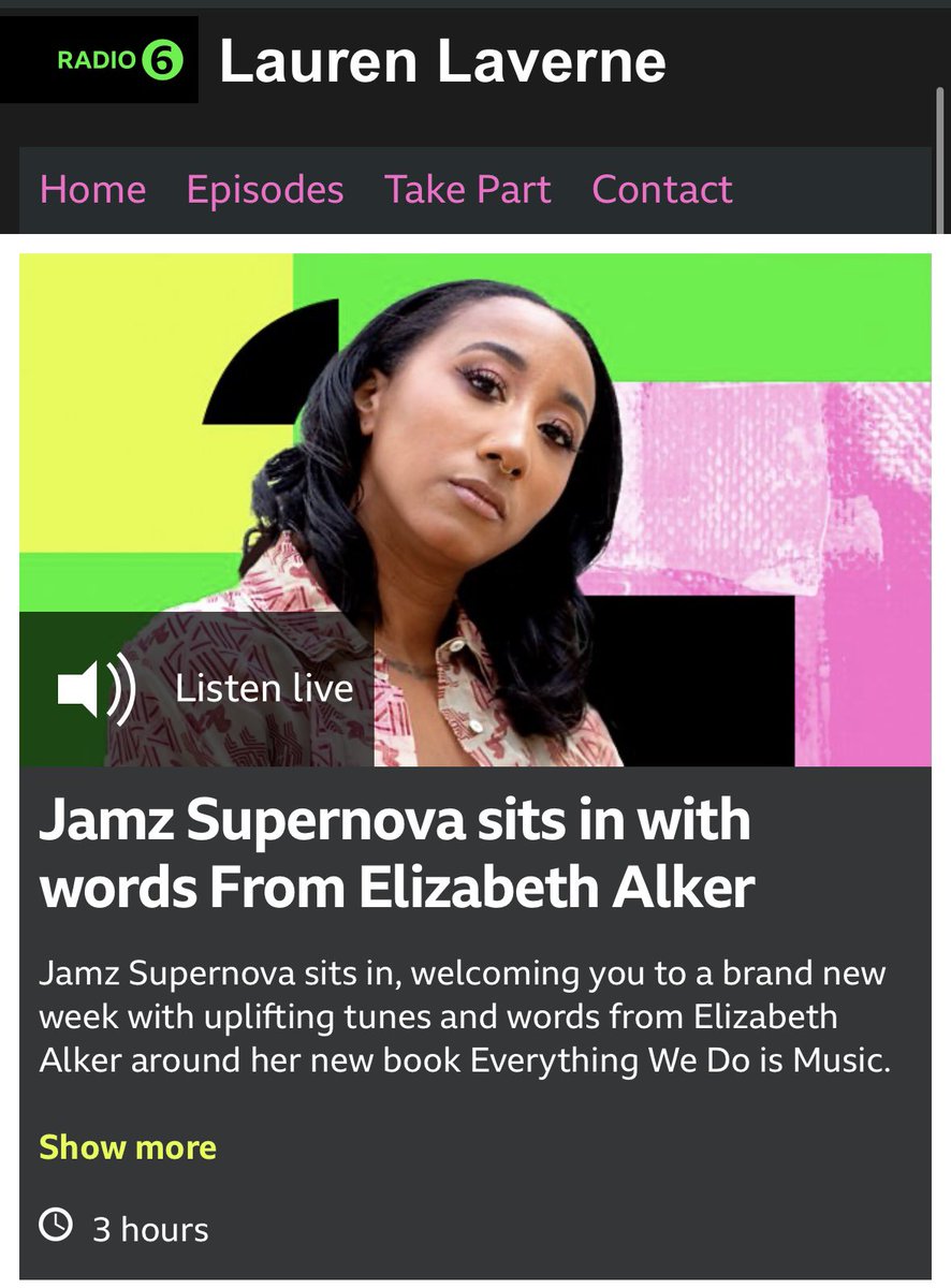 HUGE thanks to team <a href="/laurenlaverne/">Lauren Laverne</a> on <a href="/BBC6Music/">BBC Radio 6 Music</a> - with the excellent Jamz Supernova standing in today - for having me on their brilliant show. I’ll be talking about ‘Everything We Do Is Music’ on your radios just after midday…. 

Listen: bbc.co.uk/programmes/m00…