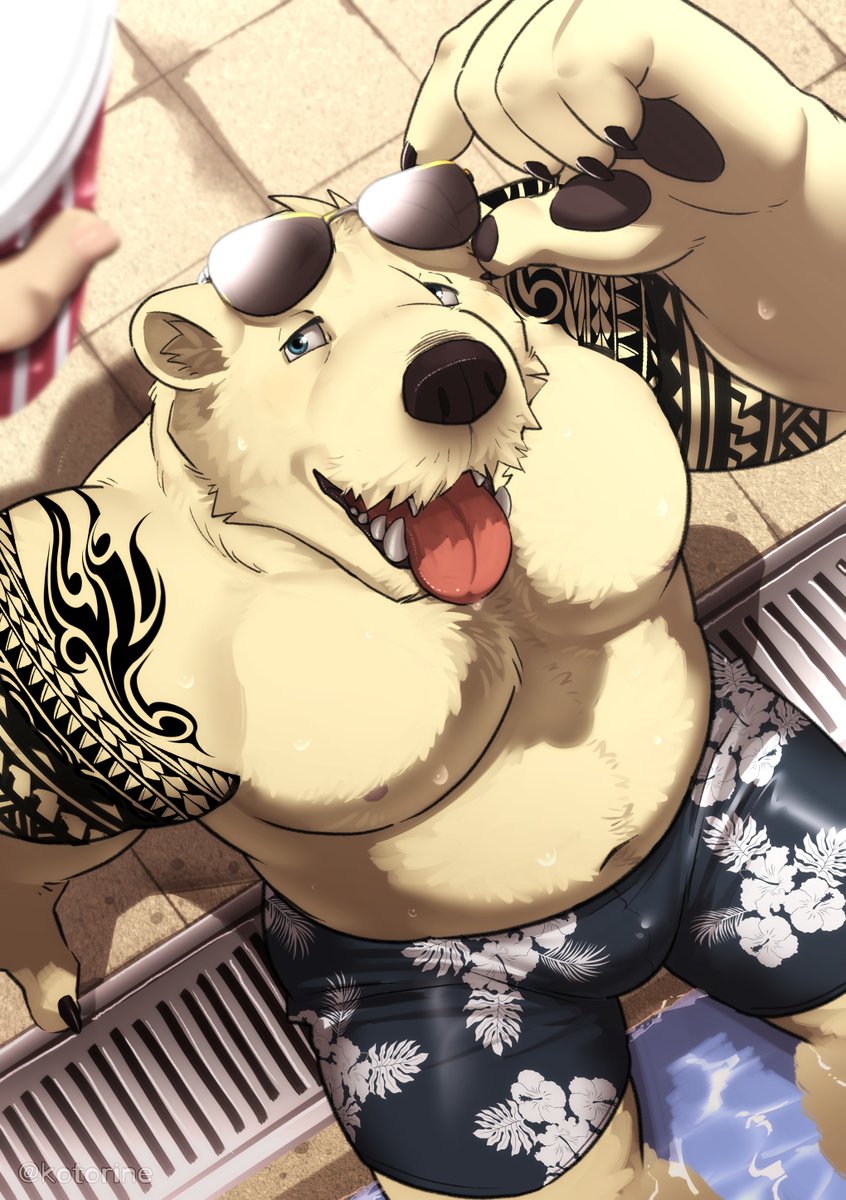 🐻‍❄️「お、🥤サンキュ～」
暑さのためかむすっとして水際に佇んでいた厳つい風貌の彼は、声をかけるとサングラスを指でクイと上げて柔和な笑顔を見せた。
🐻‍❄️「なんか顔赤くない？」
じりじりと肌を焦がす日差しのせいで顔が熱い。熱中症にならないように気を付けないと。