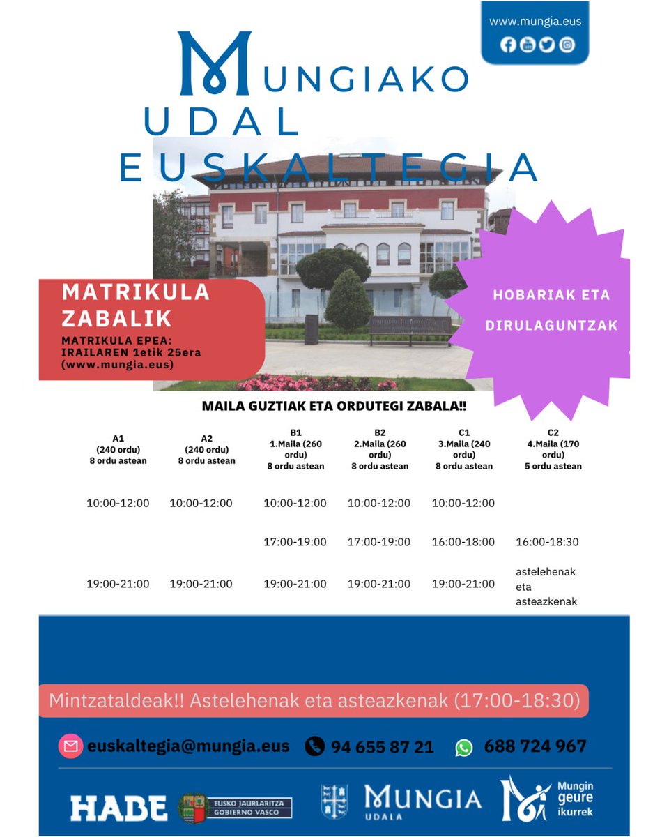 🗣✍ Mungiako Udal Euskaltegia: 2025-2026 ikasturtea
Matrikulatzeko epea: irailaren 1etik 25era
Eman izena 👉 labur.eus/owy9gmq3
--
🗣✍Euskaltegi Municipal de Mungia: curso 2025-2026
Plazo de matriculación: del 1 al 25 de septiembre
Apúntate en 👉 labur.eus/vqdk7i78