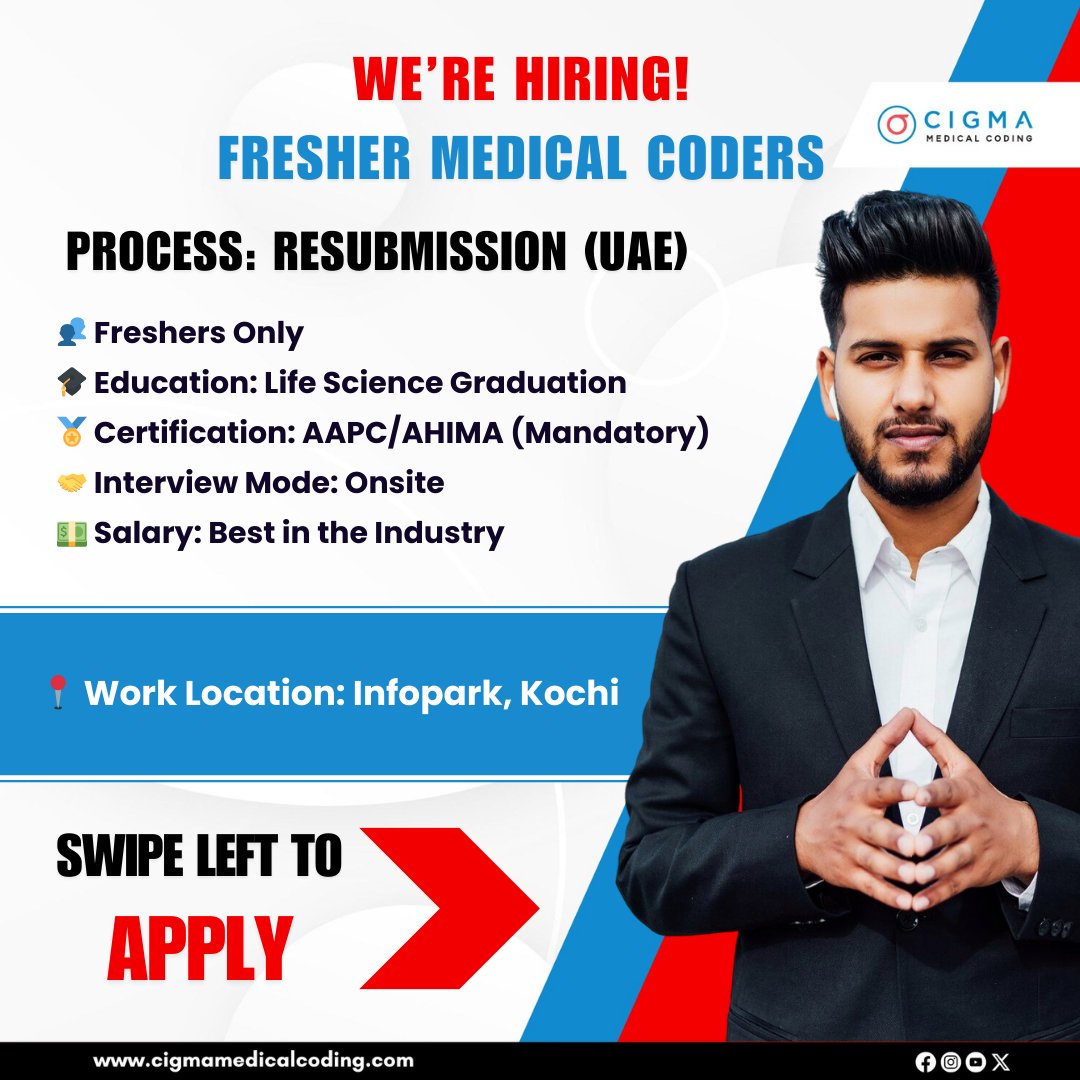 cigmahealthcare's tweet image. We’re Hiring – Medical Coding Fresher (Resubmission - UAE Coding)
Kickstart your career with an exciting opportunity in Resubmission - UAE Coding!
Apply Now: cigmamedicalcoding.com/job-vacancies/…
#MedicalCodingJobs #MedicalCodingFresher #UAEcoding #ResubmissionCoding #CigmaMedicalCoding