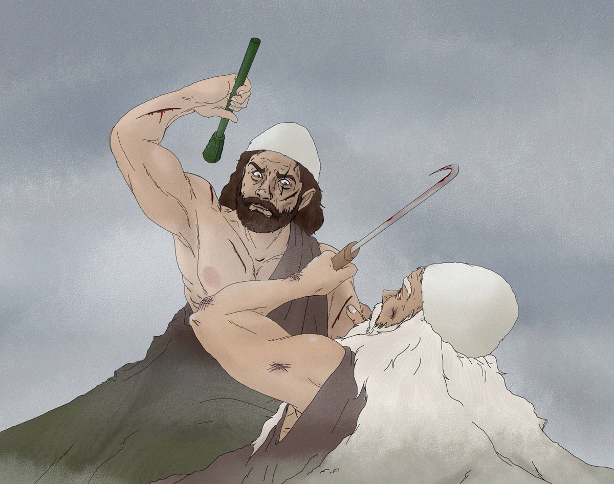The fight between Tomor and Shpirag ''With his scythe, Tomor lashed into Shpirag, inflicting upon him many wounds. Shpirag, for his part, pounded Tomor with his cudgel and left many wounds. The two giants ultimately slew one another and turned into mountains.''