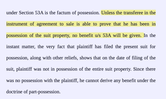 #SupremeCourt holds that unless the transferee in the instrument of agreement to sale is able to prove that he has been in possession of the suit property, no benefit u/s 53A Transfer of Property Act can be given.