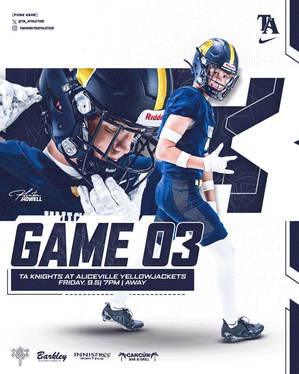 🏈 𝙂𝘼𝙈𝙀 𝙏𝙃𝙍𝙀𝙀 🏈
Knights Open Up Area Play!
Tuscaloosa Academy at Aliceville 
Friday | September 5th | 7pm | Aliceville 
#TuscaloosaAcademy #RTGK