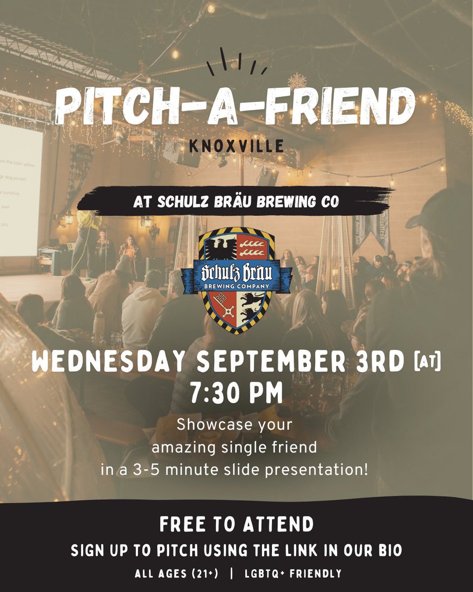 Two days until Pitch-A-Friend!! Grab your wing person and meet us in the Biergarten Wednesday evening for great beer, big laughs, and a chance to see what “fish” are swimming around the Knoxville sea. 😉✨