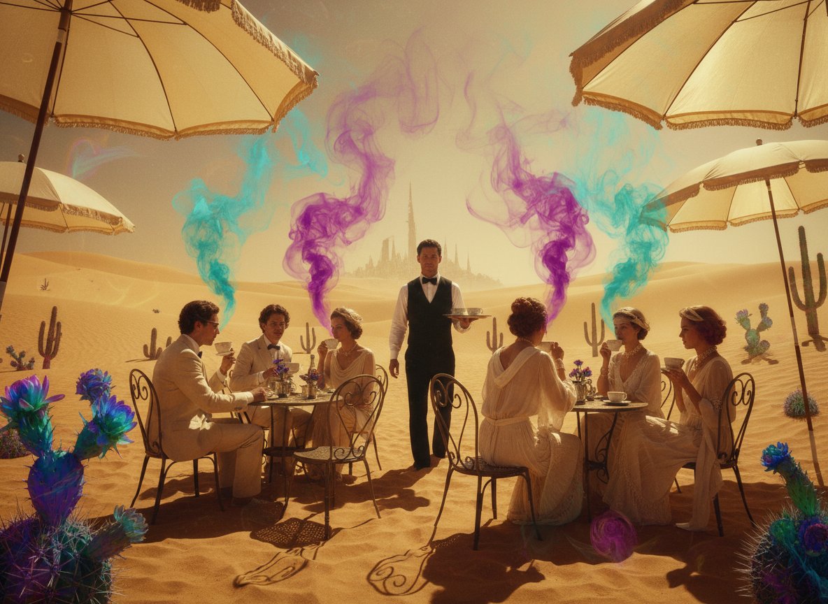 PromptSin's tweet image. Desert dream dining 🌵✨ Who&apos;s ready for a surreal feast? Tag your crew for an unforgettable adventure! #SurrealVibes #DesertDining