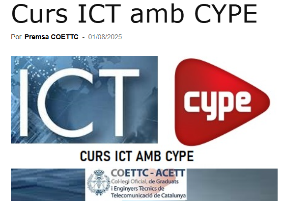 📢 Avui comença el curs ICT amb CYPE organitzat des del COETTC
El curs tindrà lloc els dies 1, 3, 5, 8, 10 i 15 de setembre. 
Si ets soci de Telecos.cat gaudiràs dels mateixos descomptes que els membres del COETTC!

Informació i inscripcions
⬇️
coettc.info/2025/08/01/cur…