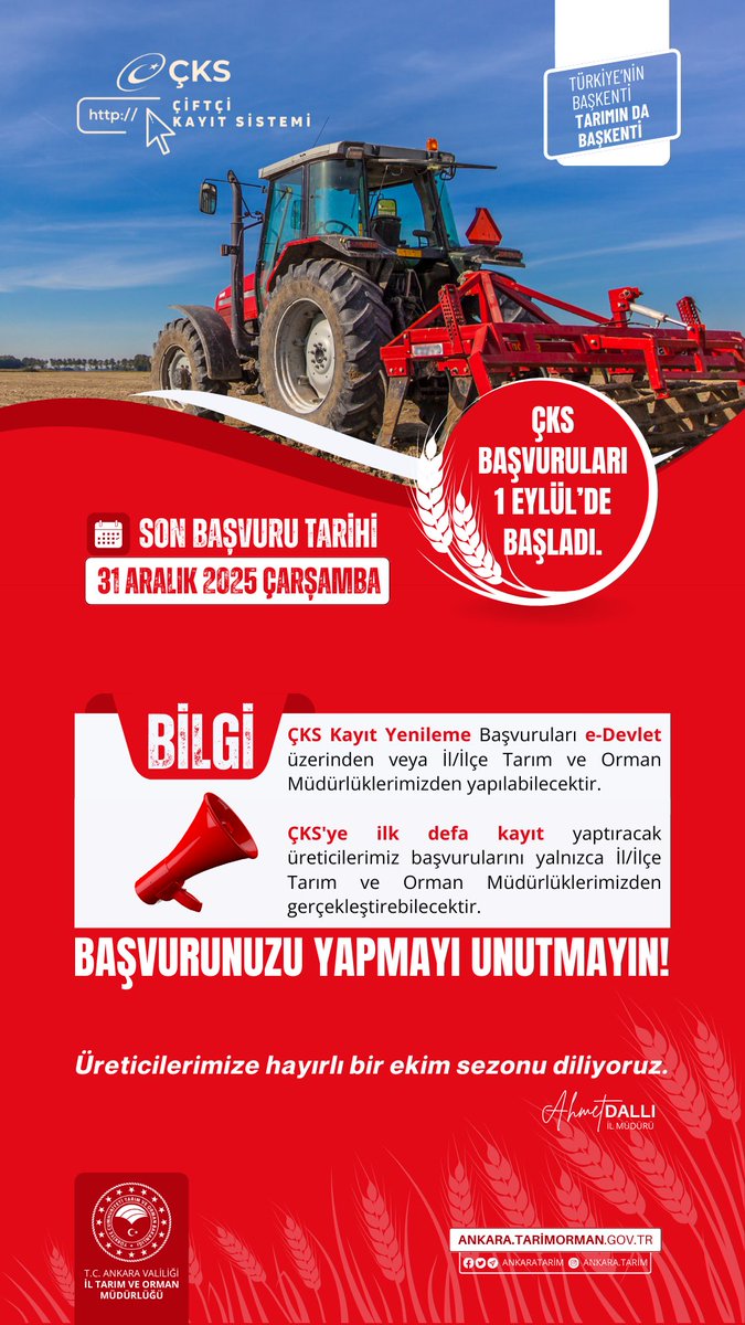 Çiftçi Kayıt Sistemi Başvuruları Başladı.

ÇKS Kayıt Yenileme Başvuruları e-Devlet üzerinden veya İl/İlçe Tarım ve Orman Müdürlüklerimizden; ilk defa kayıt yaptıracak üreticilerimiz ise başvurularını yalnızca İl/İlçe Tarım ve Orman Müdürlüklerimizden gerçekleştirebilecektir.