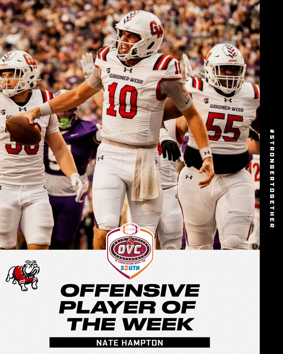 He had 395 yards of total offense and 6️⃣ touchdowns to lead <a href="/GWUFootball/">Gardner-Webb Football</a> to a 52-45 come-from-behind win at No. 18/19 Western Carolina.

Nate Hampton (<a href="/Nate_Hampton10/">Nate Hampton</a>) is the #OVCBigSouthFB 𝗢𝗳𝗳𝗲𝗻𝘀𝗶𝘃𝗲 𝗣𝗹𝗮𝘆𝗲𝗿 𝗼𝗳 𝘁𝗵𝗲 𝗪𝗲𝗲𝗸. 🏈

#SkoDawgs | #StrongerTogether