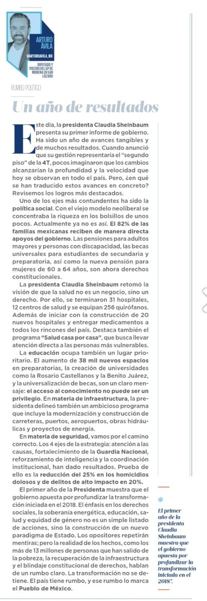 arturoavila_mx's tweet image. Un año de resultados.
El primer año de la Presidenta Claudia Sheinbaum muestra que el gobierno apuesta por profundizar la transformación iniciada en el 2018.
Te invito a leer mi columna en @heraldodemexico 👉🏻👉🏻 acortar.link/fcNHbI