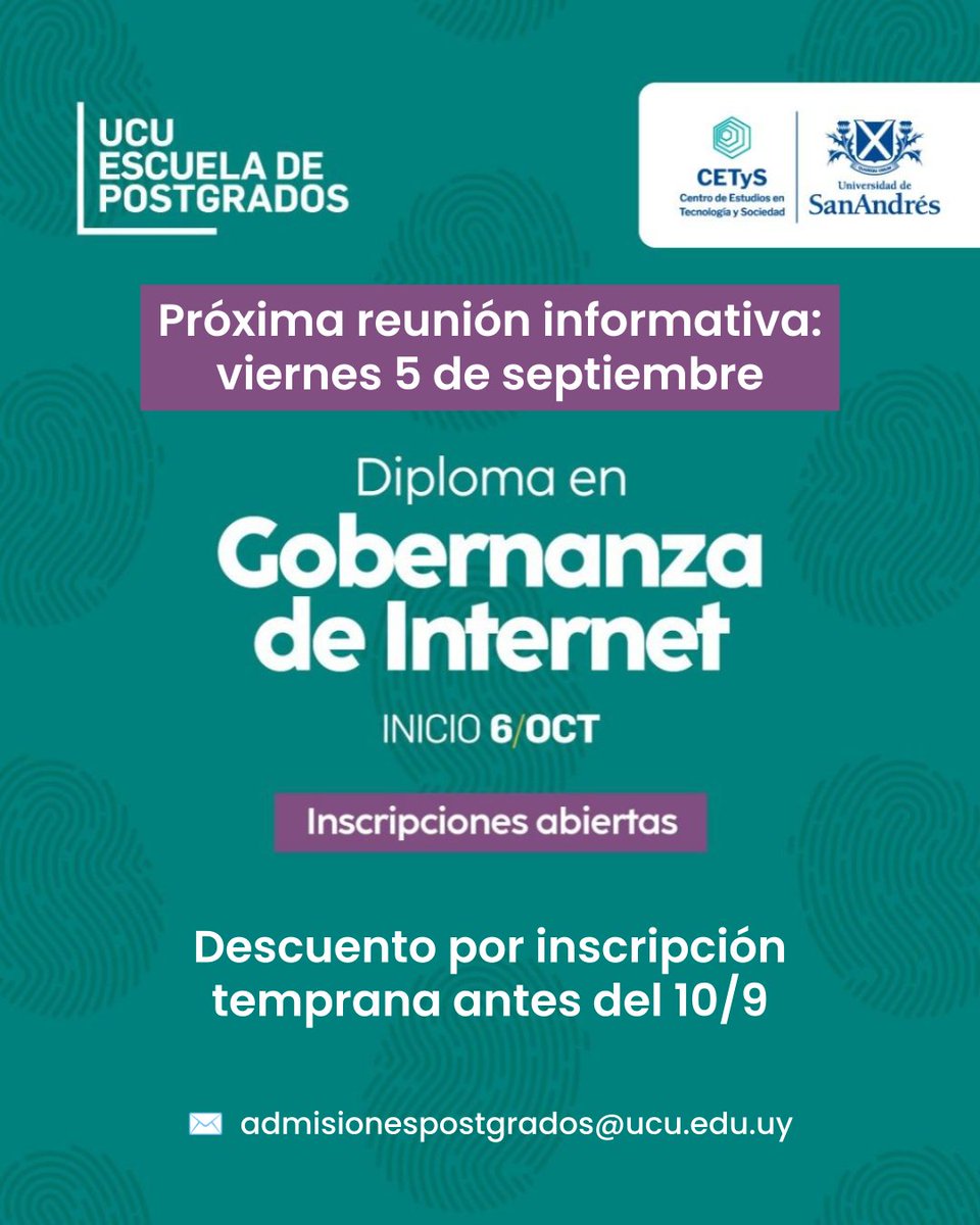 👏 REUNIÓN INFORMATIVA DiGI 2025 👏
🎓 Diploma en Gobernanza de Internet 8ª edición

📅vie 5/9
🕛12 hs (UTC-3)
🔗eventos.udesa.edu.ar/go/digi2025

#Ciberdiplomacia
#Geopolítica
#Plataformas
#Instituciones
#Infraestructura
#Conectividad
#BrechasDigitales
#IA
#GobernanzadeInternet