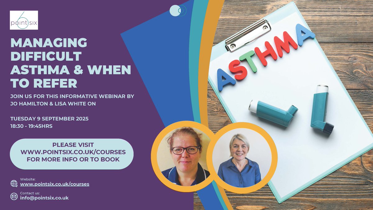 #HCPs, need a refresher on managing difficult #asthma? Our partner <a href="/Pointsixt/">PointSixTraining</a>  has a great session coming up, find out more here pointsix.co.uk/managing-diffi…