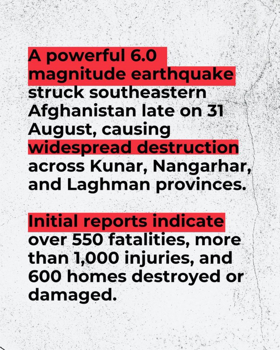 The <a href="/ifrc/">IFRC</a> together with <a href="/ARCSAfghanistan/">Afghan Red Crescent | افغاني سره میاشت</a> has swiftly deployed teams to the affected earthquake areas.

ARCS field assessments are ongoing; ambulances continue transporting injured to overwhelmed medical facilities, including Nangarhar Regional Specialist Hospital

The scale of