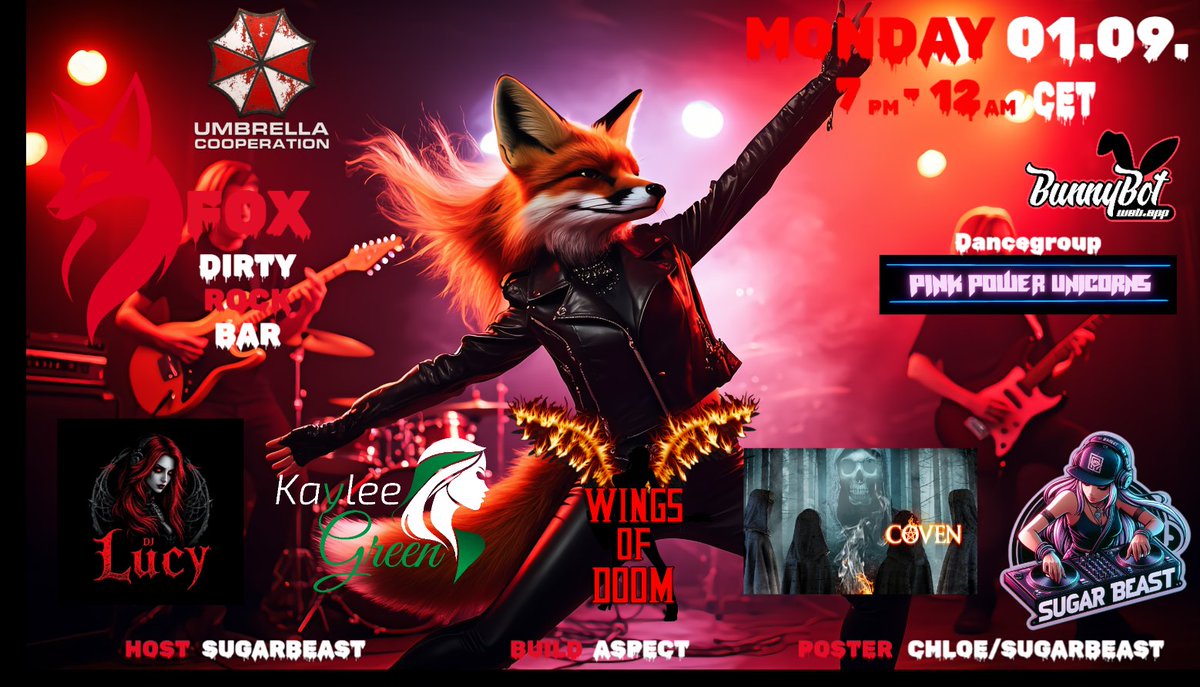 FOX - DIRTY ROCK BAR  

The louder it gets, the better it feels  

Monday 01.09.25 - 7 PM CEST  

<a href="/3dxUmbrellaCoop/">UMBRELLA COOPERATION</a>  

#3dxChat #UmbrellaCoop #RockMusic #Party #VirtualPhotography