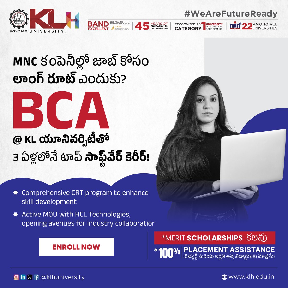 klhuniversity's tweet image. Skip the long route to software success with KLH’s BCA program. Graduate in 3 years with industry-ready skills for high-paying MNC jobs.

𝐀𝐝𝐦𝐢𝐬𝐬𝐢𝐨𝐧𝐬 𝐀𝐫𝐞 𝐎𝐩𝐞𝐧 𝐟𝐨𝐫 𝟐𝟎𝟐𝟓-𝟐𝟔 𝐀𝐘
Apply Now: kluniversity.in/admissions-202…
#KLH #BCA #BachelorOfComputerApplications