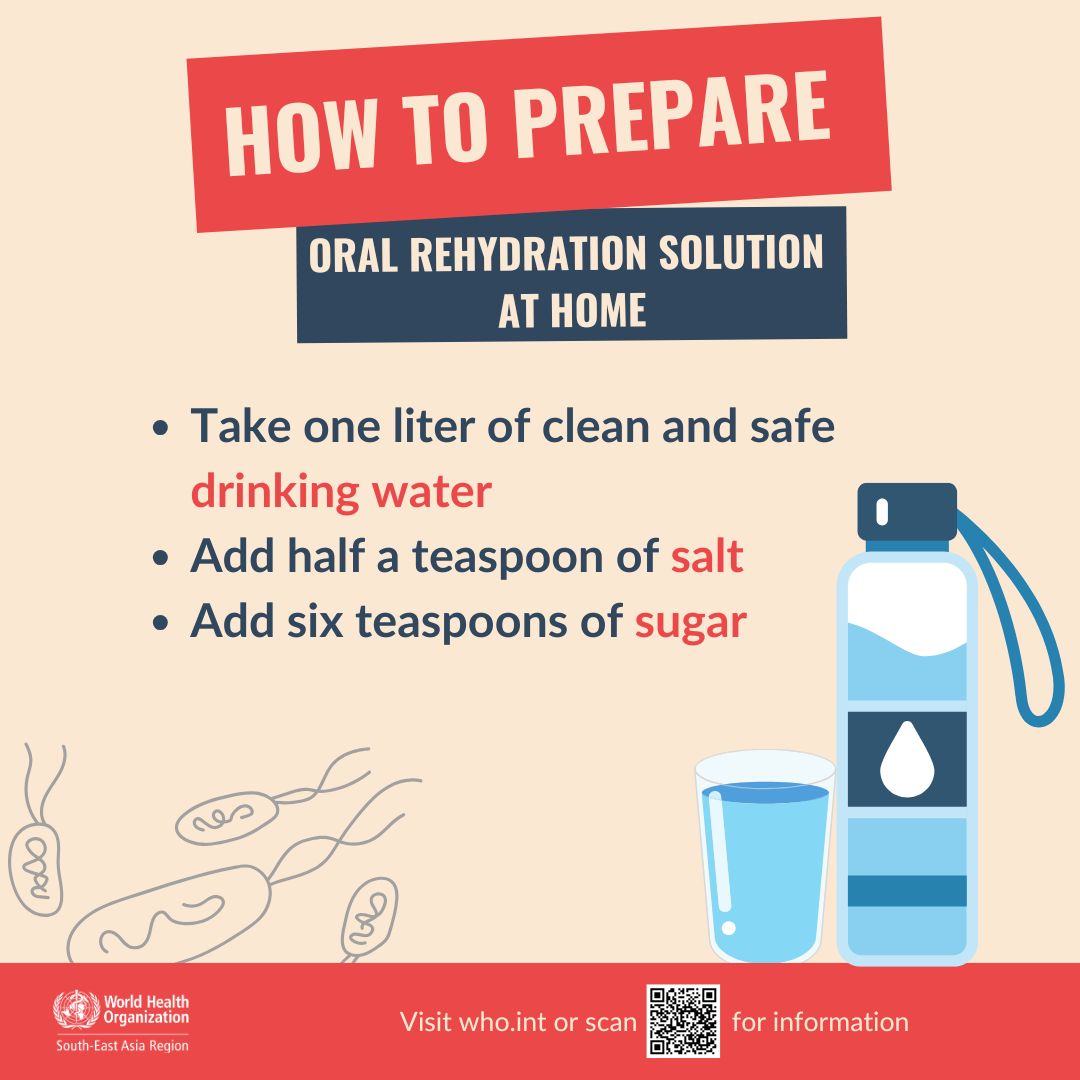 WHOSEARO's tweet image. Cholera is treatable. Most people recover quickly with the right care.

If someone has cholera:
✔️ Give Oral Rehydration Solution (ORS) to replace lost fluids
✔️ Take them to the nearest healthcare facility

You can prepare #ORS at home.