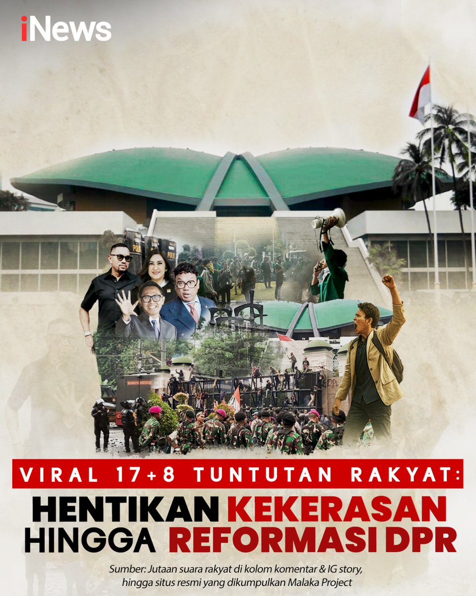 officialinews_'s tweet image. Viral di media sosial, rangkuman tuntutan rakyat bagi pemerintah dan DPR. Terdapat 17 tuntutan jangka pendek dan 8 tuntutan jangka panjang.

17+8 tuntutan itu dirilis oleh @malakaproject.id di Instagram, 17 tuntutan jangka pendek memiliki batas waktu atau deadline 5 September…