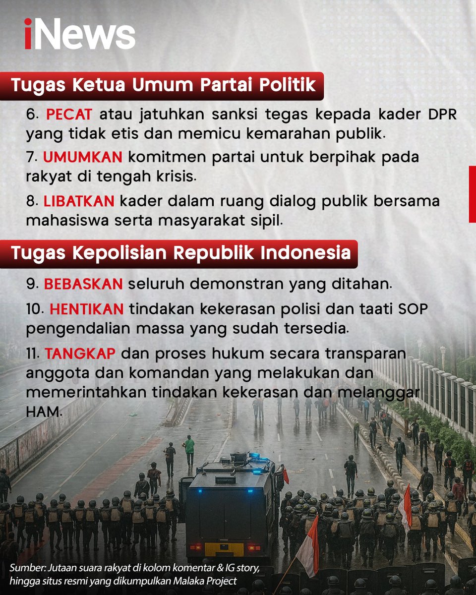 officialinews_'s tweet image. Viral di media sosial, rangkuman tuntutan rakyat bagi pemerintah dan DPR. Terdapat 17 tuntutan jangka pendek dan 8 tuntutan jangka panjang.

17+8 tuntutan itu dirilis oleh @malakaproject.id di Instagram, 17 tuntutan jangka pendek memiliki batas waktu atau deadline 5 September…